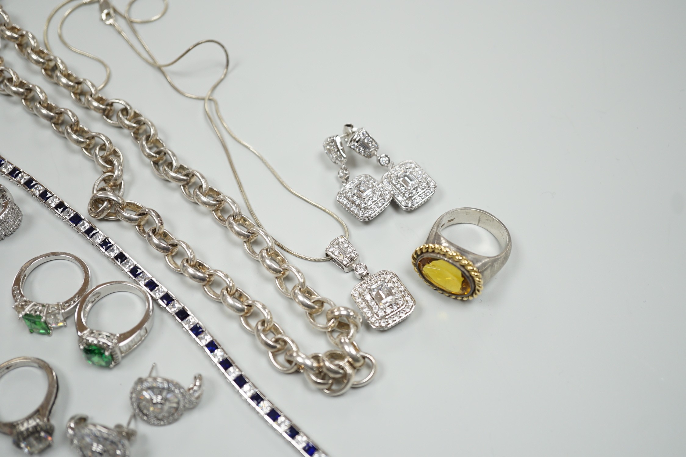 A group of assorted mainly 925 and cubic zirconia set jewellery including rings, earrings bracelet etc. and a 925 necklace.